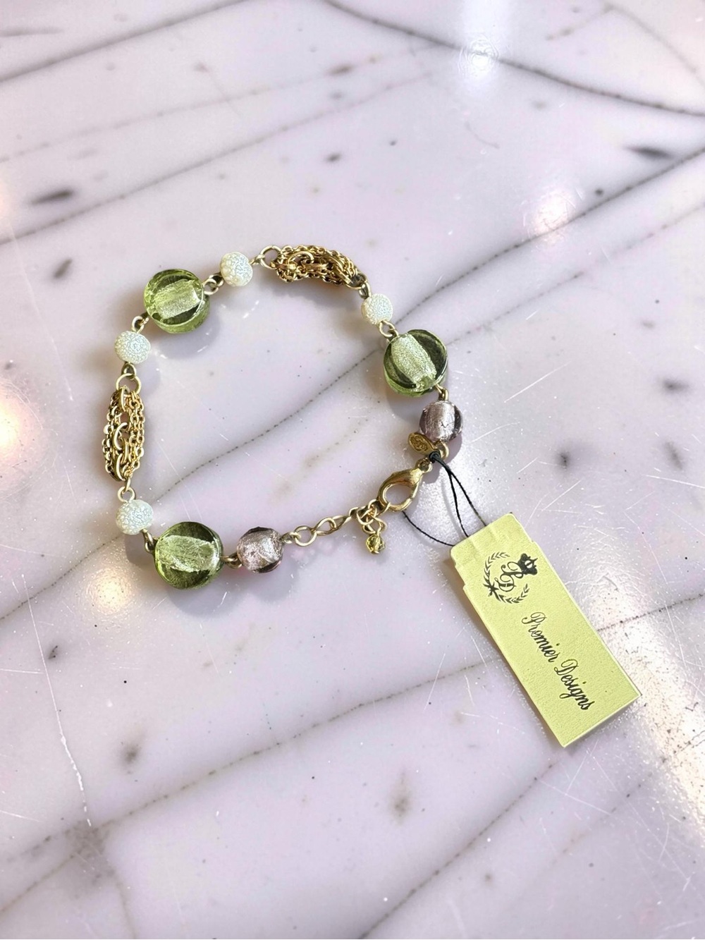 Premier Designs Gold Bracelet with Olive Green and Cream Accents